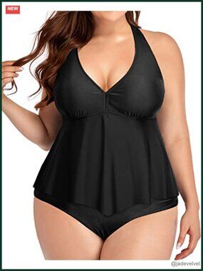Plus Size Two Piece Tankini Set High Waisted Tummy Control Halter Swimsuits